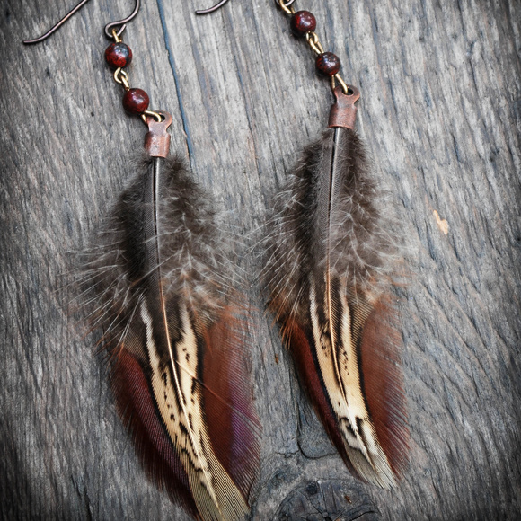 Handcrafted Feather & Poppy Jasper Boho Earrings - Picture 1 of 2